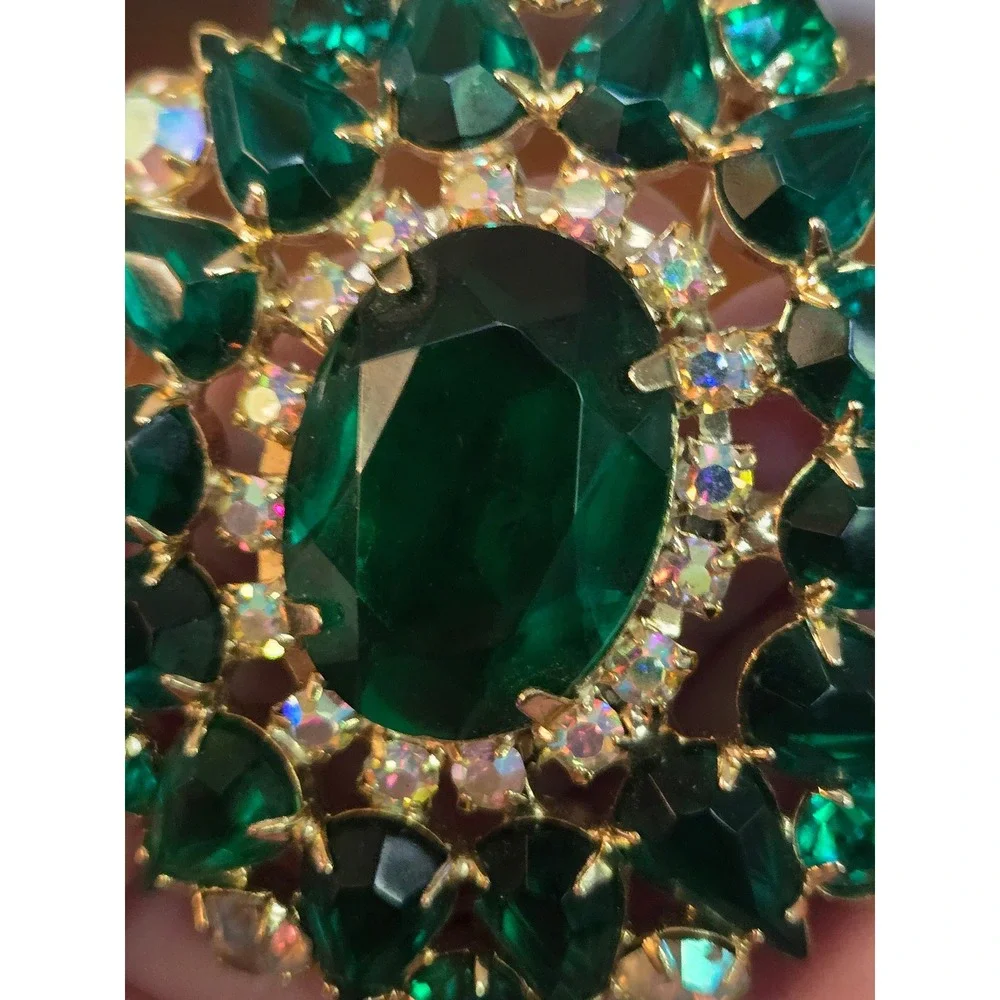 Green Brooch Rhinestone Statement Brooch Vintage Goldtone Mid-Century